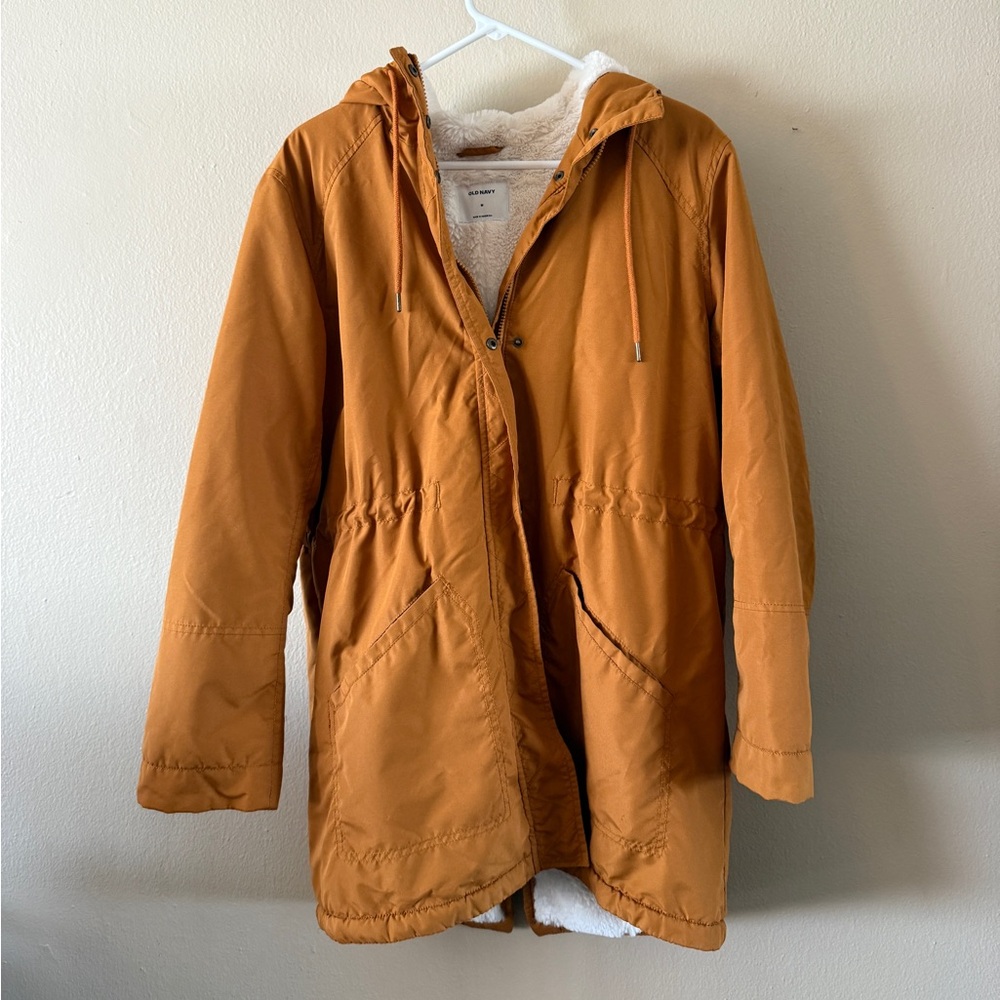 Old Navy Faux Sherpa Lined Utility Parka Jacket Size M Mustard Yellow Hooded